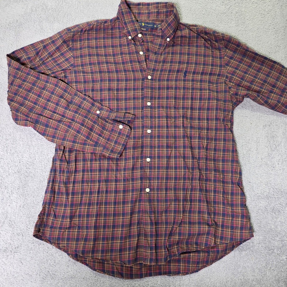 Ralph Lauren Mens XL Custom Fit Button Down Shirt Plaid Navy Red Gold Pony Logo